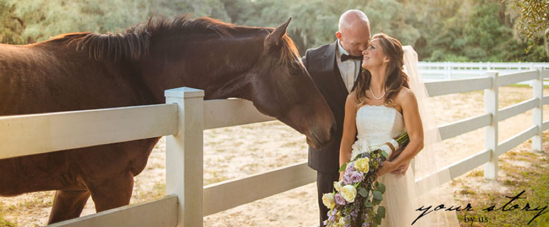 picture of a bride and groom in a romantic setting with a horse, photo by Your Story By Us